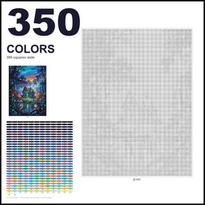 May include: A paint by numbers pattern featuring a large grid of 350 squares wide, a small color reference image of a cottage in a forest at twilight, and a comprehensive color key with 350 distinct numbered color swatches for the project.