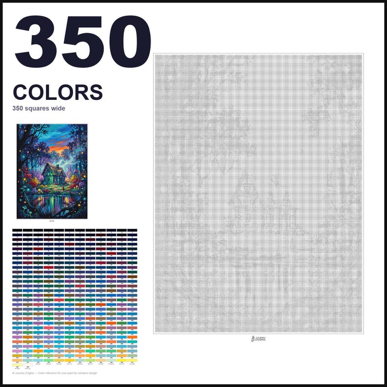 May include: A paint by numbers pattern featuring a large grid of 350 squares wide, a small color reference image of a cottage in a forest at twilight, and a comprehensive color key with 350 distinct numbered color swatches for the project.