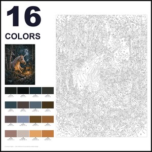 May include: A paint-by-numbers kit featuring a unicorn in a forest scene. The layout includes the text 16 COLORS, a finished reference image, a numbered color palette with RGB values, and a large outline canvas with numbered sections for painting.