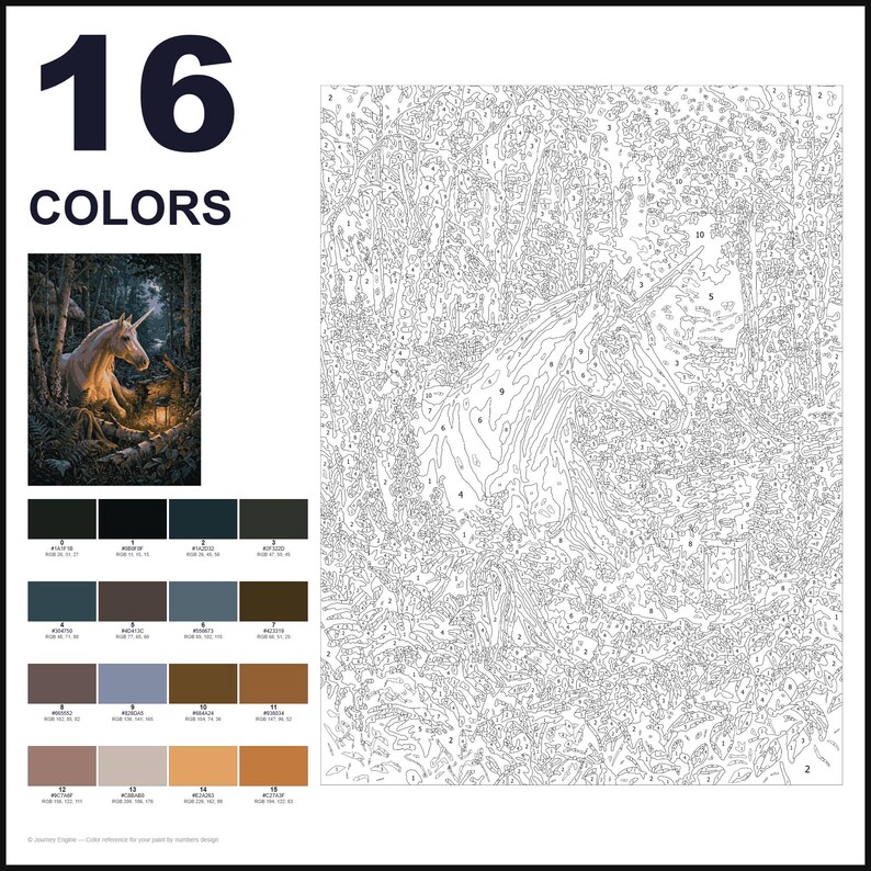 May include: A paint-by-numbers kit featuring a unicorn in a forest scene. The layout includes the text 16 COLORS, a finished reference image, a numbered color palette with RGB values, and a large outline canvas with numbered sections for painting.