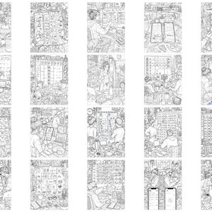 May include: A collection of twenty black and white line art illustrations depicting various scenes of people engaged in planning, organizing, and working with calendars, digital devices, and stationery in detailed indoor environments.