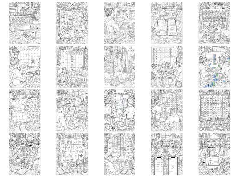 May include: A collection of twenty black and white line art illustrations depicting various scenes of people engaged in planning, organizing, and working with calendars, digital devices, and stationery in detailed indoor environments.