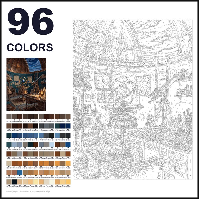 May include: A paint-by-numbers kit featuring a large line-art illustration of an observatory interior with a telescope, armillary sphere, and desk. The set includes a small color reference image and a grid of 96 numbered color swatches.