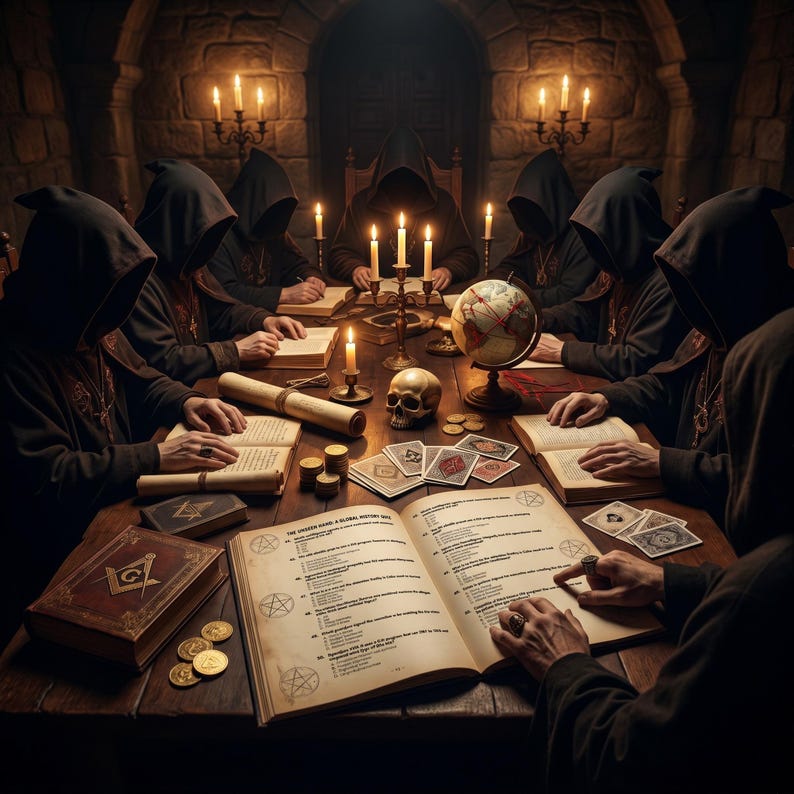 K&ouml;nnte beinhalten: Eine Gruppe vermummter Gestalten sitzt um einen Holztisch. Auf dem Tisch liegen B&uuml;cher, Kerzen, ein Globus, ein Totenkopf und Spielkarten. Die Szene erzeugt eine Atmosph&auml;re von Geheimnis und Ritual.