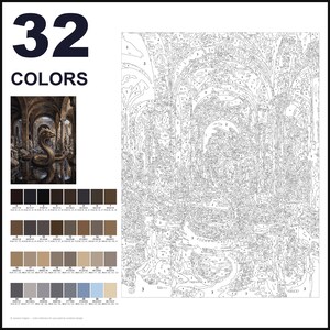 May include: A paint-by-numbers kit featuring a large outline drawing of a serpent in a stone archway. The set includes a small color reference image, a numbered grid for painting, and a palette of 32 distinct color swatches labeled 0 through 31.