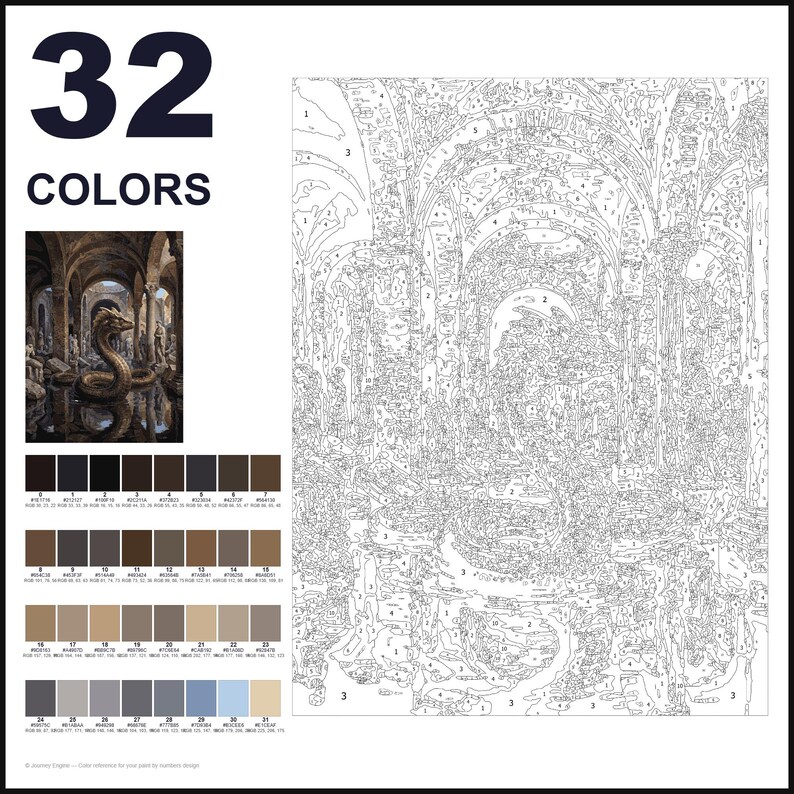 May include: A paint-by-numbers kit featuring a large outline drawing of a serpent in a stone archway. The set includes a small color reference image, a numbered grid for painting, and a palette of 32 distinct color swatches labeled 0 through 31.