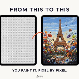 May include: Two tablets displaying a digital paint-by-number activity. The left screen shows a grid of letters, while the right screen shows a completed colorful illustration of the Eiffel Tower surrounded by vibrant flowers under a blue sky.