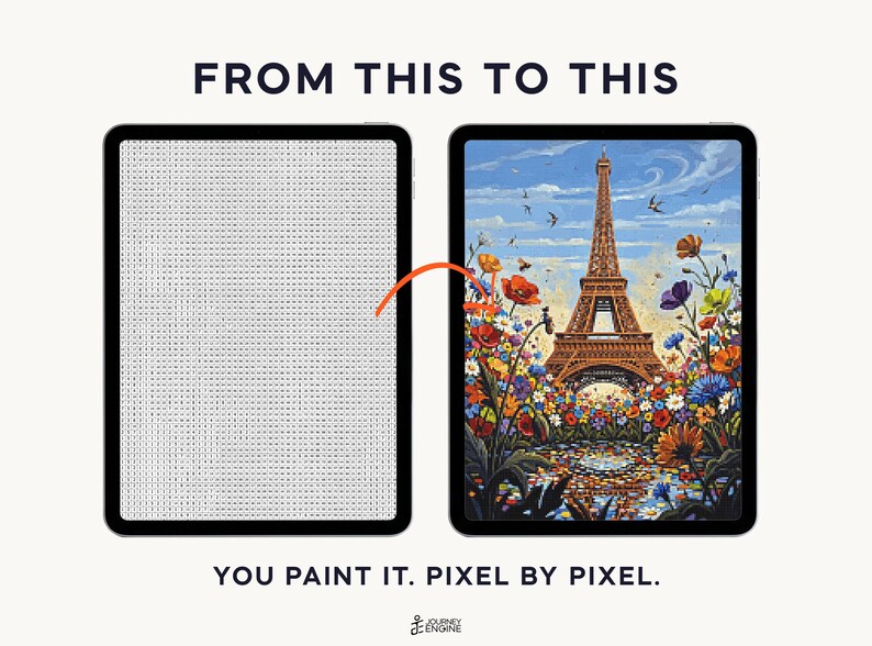 May include: Two tablets displaying a digital paint-by-number activity. The left screen shows a grid of letters, while the right screen shows a completed colorful illustration of the Eiffel Tower surrounded by vibrant flowers under a blue sky.