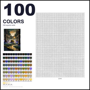 May include: A paint-by-numbers kit featuring a large grid of 100 squares wide, a small reference image of a forest cabin scene, and a color palette chart with 100 numbered swatches, each labeled with its corresponding hex color code.