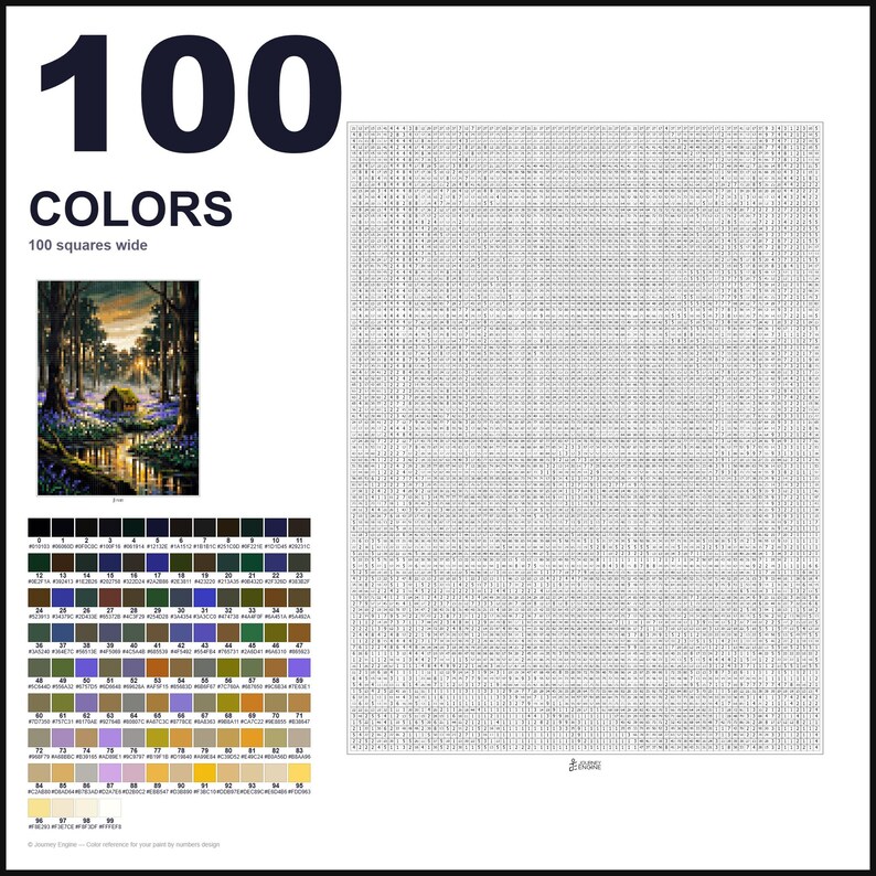 May include: A paint-by-numbers kit featuring a large grid of 100 squares wide, a small reference image of a forest cabin scene, and a color palette chart with 100 numbered swatches, each labeled with its corresponding hex color code.