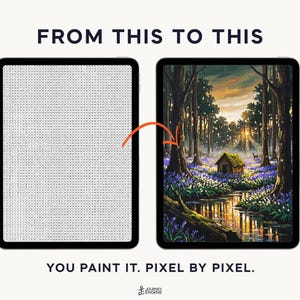 May include: Two tablets displaying a digital paint-by-number process. The left screen shows a grid of letters for color-coded painting. The right screen shows a finished landscape painting of a cabin in a forest with blue flowers and a stream.