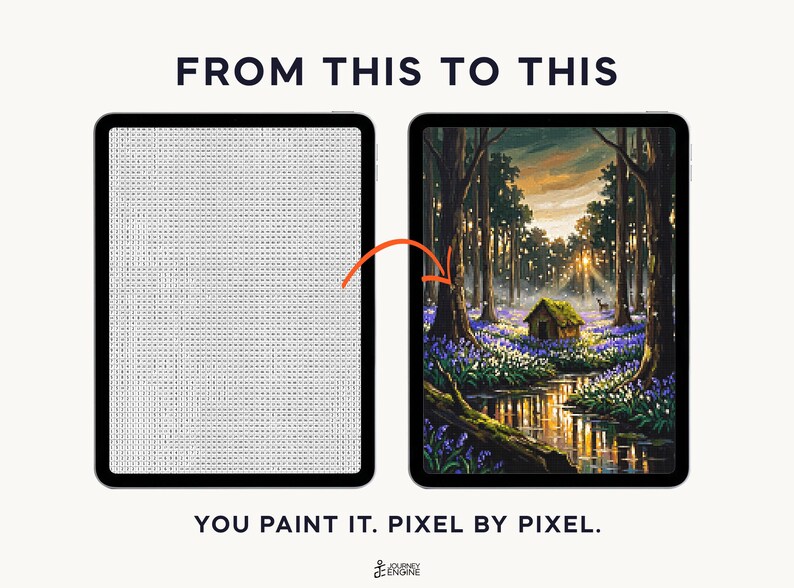May include: Two tablets displaying a digital paint-by-number process. The left screen shows a grid of letters for color-coded painting. The right screen shows a finished landscape painting of a cabin in a forest with blue flowers and a stream.