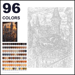 May include: A paint-by-numbers kit featuring 96 colors and a detailed line drawing of a castle with a dragon perched on a tower. The set includes a small color reference image of the finished scene and a grid of numbered color swatches.