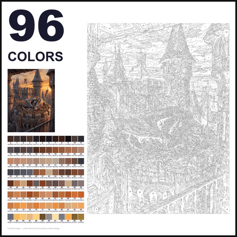 May include: A paint-by-numbers kit featuring 96 colors and a detailed line drawing of a castle with a dragon perched on a tower. The set includes a small color reference image of the finished scene and a grid of numbered color swatches.