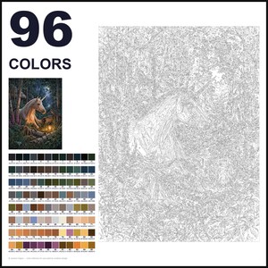 May include: A paint-by-numbers kit featuring a large outline of a unicorn in a forest. The image includes a small colored reference picture, a grid of 96 numbered color swatches with hex codes, and the text 96 COLORS at the top left corner.