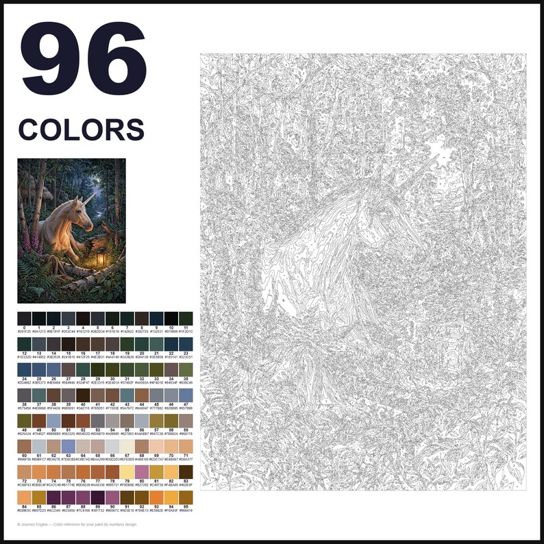 May include: A paint-by-numbers kit featuring a large outline of a unicorn in a forest. The image includes a small colored reference picture, a grid of 96 numbered color swatches with hex codes, and the text 96 COLORS at the top left corner.