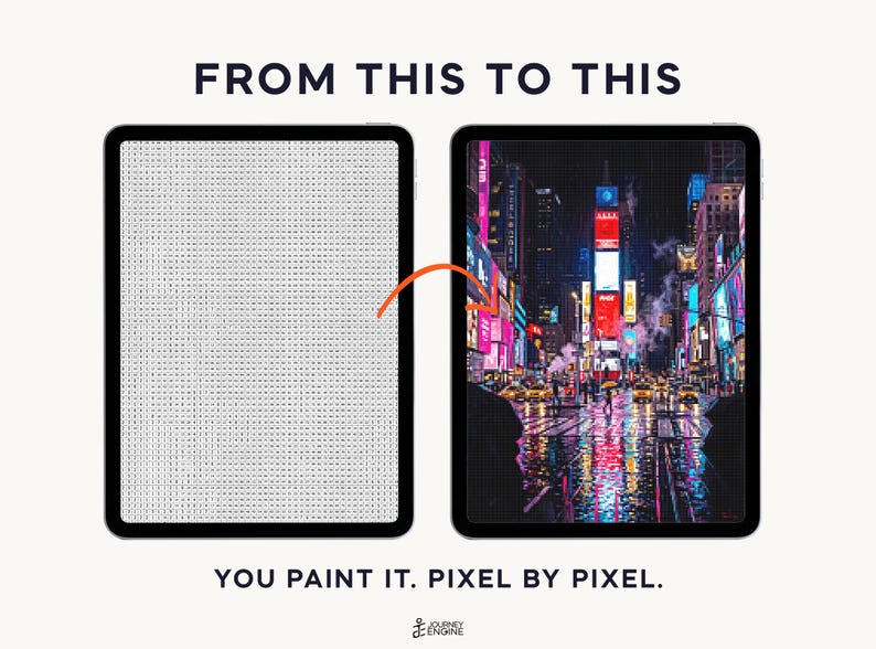 May include: Two tablets side by side with the text FROM THIS TO THIS above and YOU PAINT IT. PIXEL BY PIXEL. below. The left tablet shows a grid of letters, and the right tablet shows a colorful night scene of Times Square with bright neon lights.