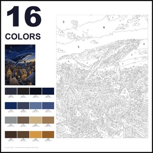 May include: A paint-by-numbers kit featuring a large whale flying over a village of houses. The image includes a small finished reference picture, a numbered outline template, and a palette of 16 colors labeled with RGB values.