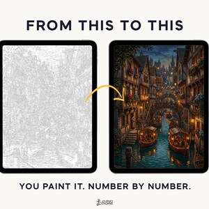 May include: Two tablets display a digital paint-by-number activity. The left screen shows a grayscale line art outline of a canal city, while the right screen shows the completed, colorful version. Text reads: FROM THIS TO THIS. YOU PAINT IT. NUMBER BY NUMBER.