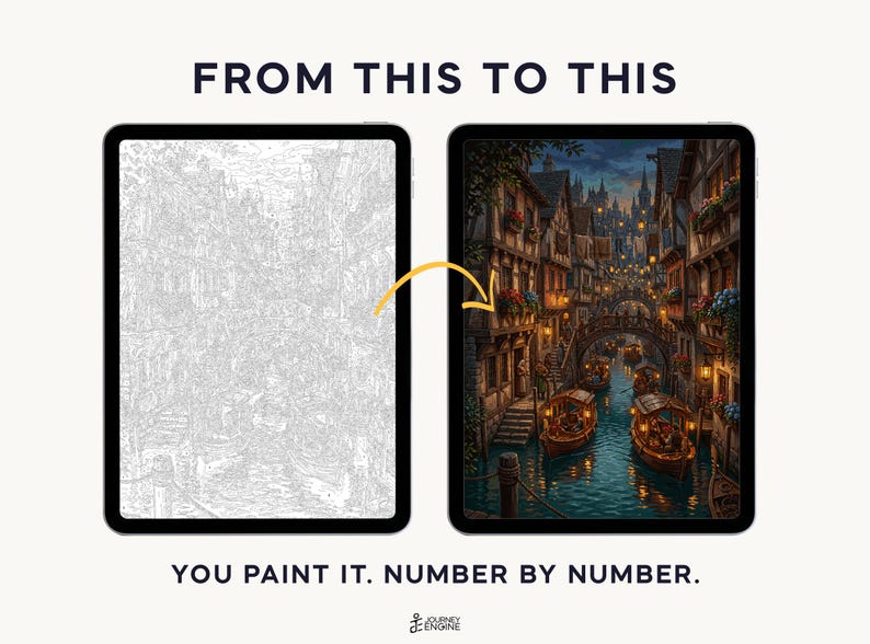 May include: Two tablets display a digital paint-by-number activity. The left screen shows a grayscale line art outline of a canal city, while the right screen shows the completed, colorful version. Text reads: FROM THIS TO THIS. YOU PAINT IT. NUMBER BY NUMBER.