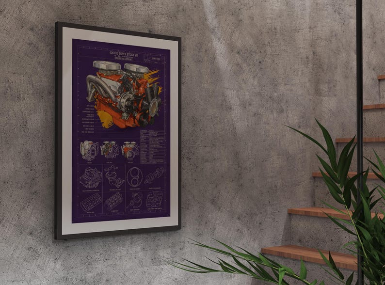 May include: A framed wall print featuring a technical blueprint of a 426 Hemi Super Stock V8 engine. The artwork displays a detailed orange and silver engine illustration against a dark purple background, accompanied by various mechanical diagrams.