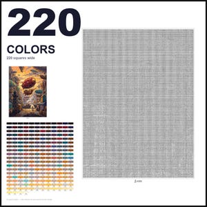 May include: A paint-by-numbers pattern featuring a large grid of 220 colors, a small reference image of airships over a harbor, and a large blank canvas area with a fine grid texture. The text 220 COLORS and 220 squares wide is visible.