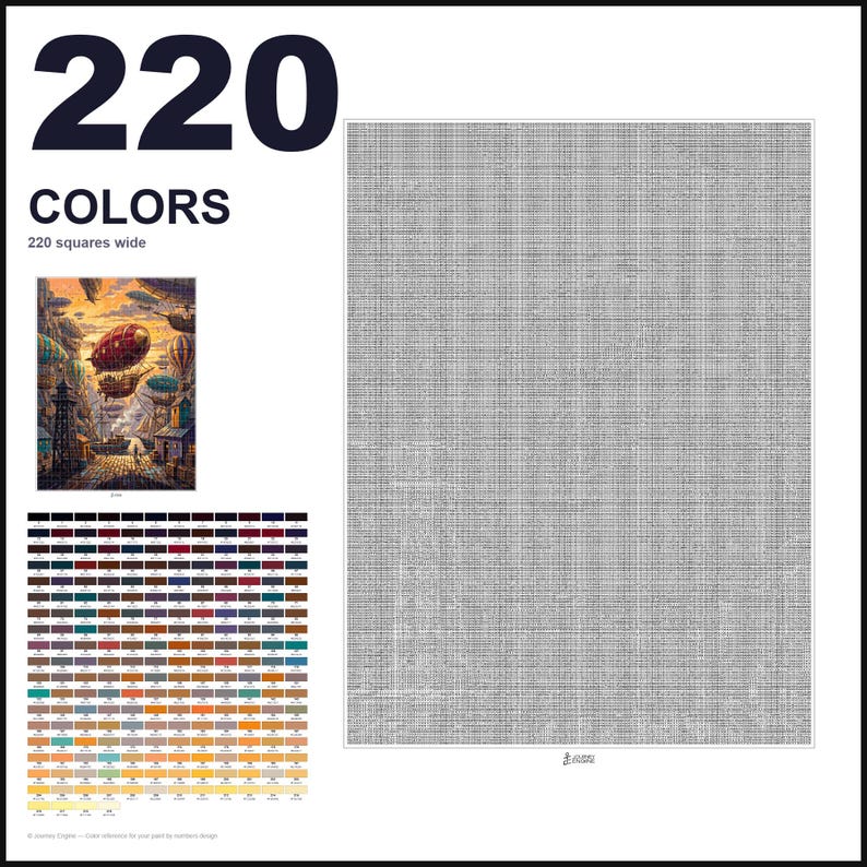 May include: A paint-by-numbers pattern featuring a large grid of 220 colors, a small reference image of airships over a harbor, and a large blank canvas area with a fine grid texture. The text 220 COLORS and 220 squares wide is visible.