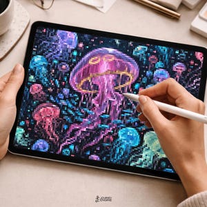 May include: A digital tablet displaying a pixel art illustration of a large, glowing purple jellyfish surrounded by smaller blue, pink, and teal jellyfish against a dark background. A white stylus is held over the screen to edit the artwork.