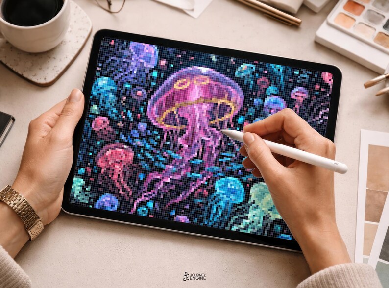 May include: A digital tablet displaying a pixel art illustration of a large, glowing purple jellyfish surrounded by smaller blue, pink, and teal jellyfish against a dark background. A white stylus is held over the screen to edit the artwork.