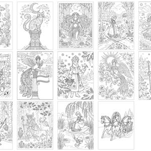 May include: A collection of fifteen black and white line art illustrations featuring folklore-inspired scenes, including mythical creatures, figures in traditional clothing, forest landscapes, and ornate patterns designed for coloring activities.