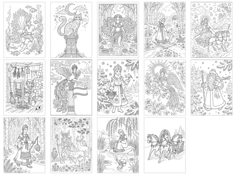 May include: A collection of fifteen black and white line art illustrations featuring folklore-inspired scenes, including mythical creatures, figures in traditional clothing, forest landscapes, and ornate patterns designed for coloring activities.