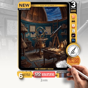 May include: A digital paint by number kit titled The Orrery Room featuring an illustration of a study with a brass armillary sphere, a telescope, a desk with an open book, and a ladder under a domed ceiling. Includes 120 colors and a tracker.