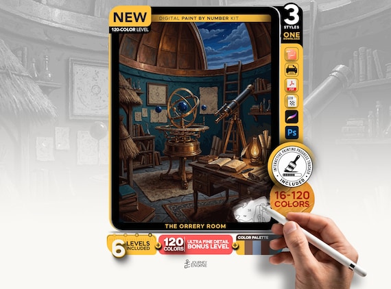 Astronomy Observatory paint by numbers digital kit, Vintage Orrery Telescope Art