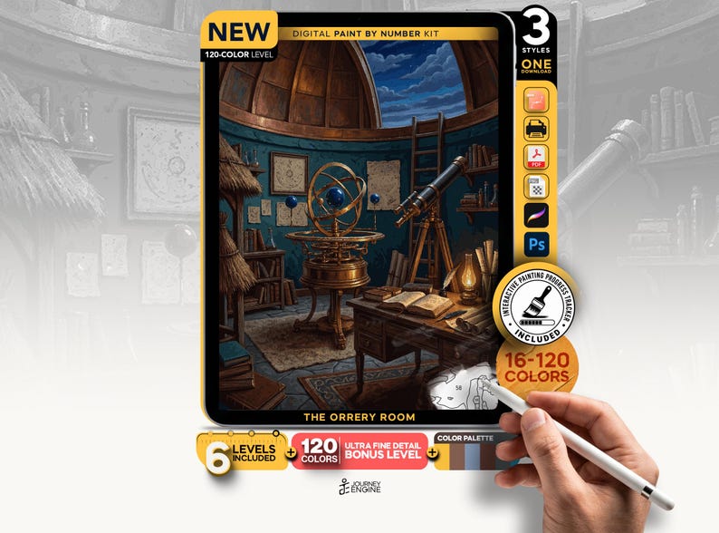 May include: A digital paint by number kit titled The Orrery Room featuring an illustration of a study with a brass armillary sphere, a telescope, a desk with an open book, and a ladder under a domed ceiling. Includes 120 colors and a tracker.