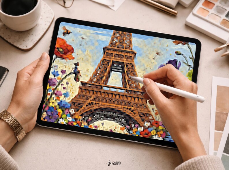 May include: A digital tablet displaying a pixel art illustration of the Eiffel Tower in Paris, surrounded by a vibrant field of colorful flowers including red poppies and blue blossoms, rendered in a blocky, mosaic-like style on the screen.