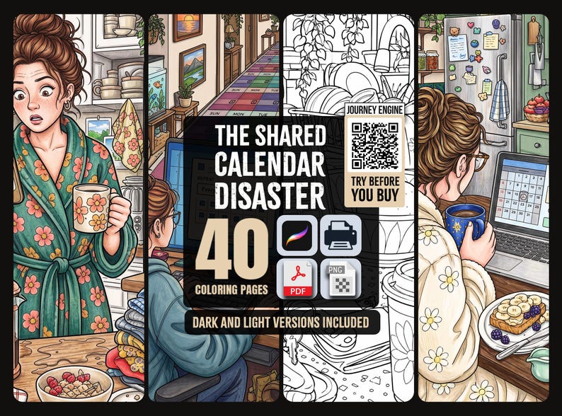 May include: A digital collection titled The Shared Calendar Disaster featuring 40 coloring pages in dark and light versions. The graphic includes icons for Procreate, PDF, and PNG formats, a QR code, and illustrations of people in kitchens.
