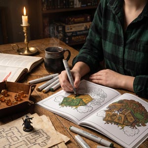 Puede incluir: Una persona coloreando una ilustraci&oacute;n de fantas&iacute;a con rotuladores. La escena incluye una vela encendida, una taza de caf&eacute;, una bandeja de dados de cuero con dados y una figura en miniatura. Libro para colorear y rotuladores sobre una mesa de madera.