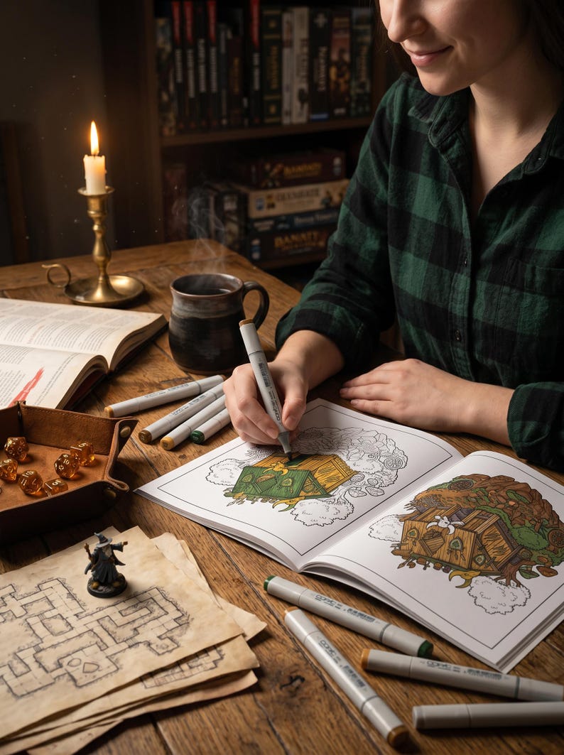 Puede incluir: Una persona coloreando una ilustraci&oacute;n de fantas&iacute;a con rotuladores. La escena incluye una vela encendida, una taza de caf&eacute;, una bandeja de dados de cuero con dados y una figura en miniatura. Libro para colorear y rotuladores sobre una mesa de madera.