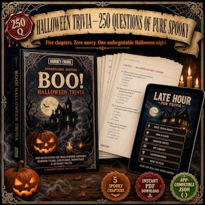 May include: A Halloween trivia game set featuring a book titled BOO! HALLOWEEN TRIVIA, a stack of printed question sheets, and a tablet displaying the LATE HOUR PUB TRIVIA app interface. Includes a carved jack-o'-lantern and decorative text.