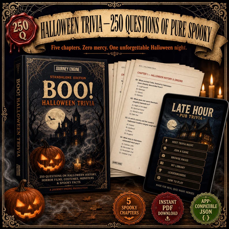 May include: A Halloween trivia game set featuring a book titled BOO! HALLOWEEN TRIVIA, a stack of printed question sheets, and a tablet displaying the LATE HOUR PUB TRIVIA app interface. Includes a carved jack-o'-lantern and decorative text.