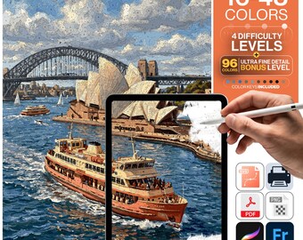 Sydney Paint by Numbers Digital | 5 Levels 16-96 Colors | Svg Pdf Png Procreate | Sydney Opera House Manly Ferry Harbour Printable Wall Art