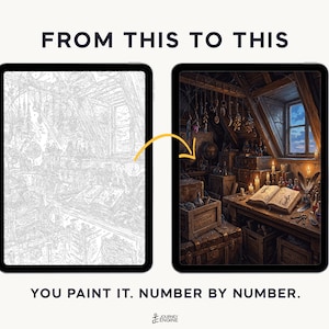 May include: Two tablets displaying a paint-by-number project. The left screen shows a grayscale line art outline of an attic room. The right screen shows the completed, full-color version of the same scene. Text reads: FROM THIS TO THIS. YOU PAINT IT. NUMBER BY NUMBER.