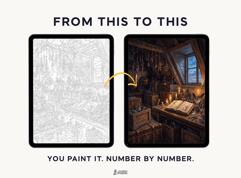 May include: Two tablets displaying a paint-by-number project. The left screen shows a grayscale line art outline of an attic room. The right screen shows the completed, full-color version of the same scene. Text reads: FROM THIS TO THIS. YOU PAINT IT. NUMBER BY NUMBER.