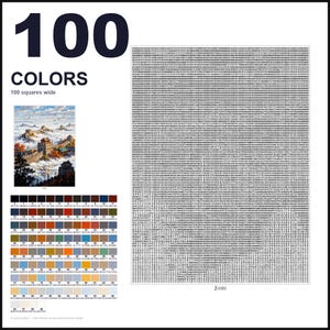 May include: A paint-by-numbers guide featuring the text 100 COLORS and 100 squares wide. It includes a small image of the Great Wall of China, a grid of 100 numbered color swatches with hex codes, and a large grid filled with tiny numbers.
