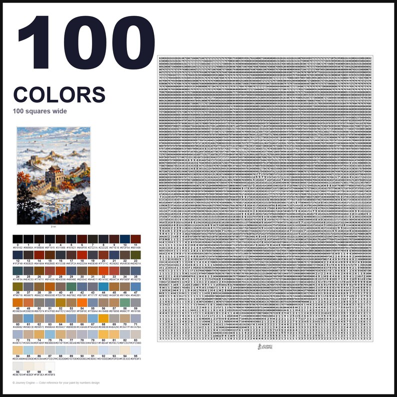 May include: A paint-by-numbers guide featuring the text 100 COLORS and 100 squares wide. It includes a small image of the Great Wall of China, a grid of 100 numbered color swatches with hex codes, and a large grid filled with tiny numbers.