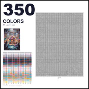 May include: A cross stitch pattern chart featuring a large grid of 350 squares wide, a small color reference image of a fantasy market scene, and a comprehensive legend of 350 distinct color swatches with corresponding numerical labels.