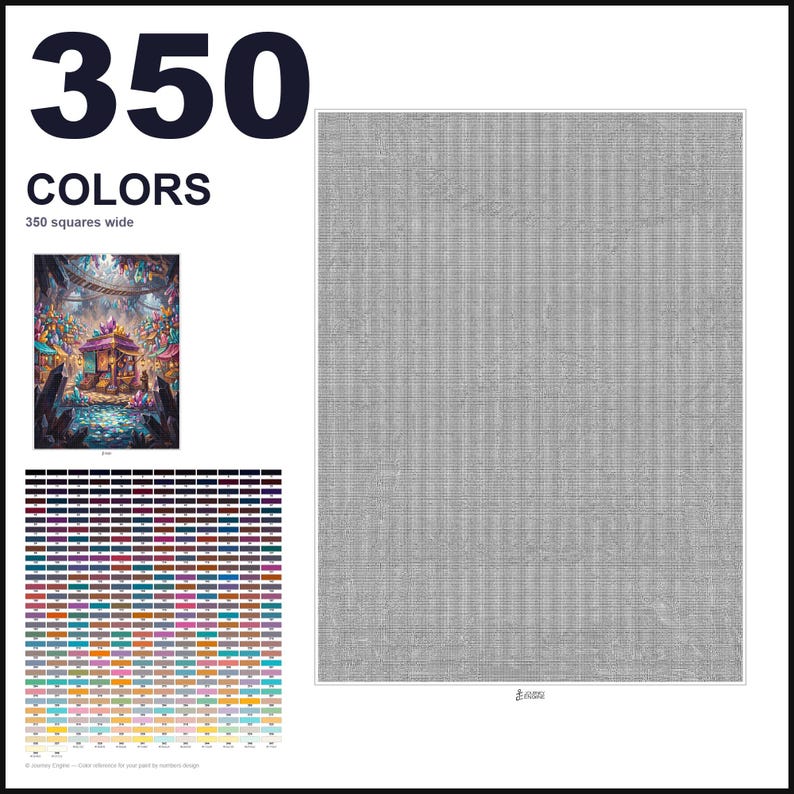 May include: A cross stitch pattern chart featuring a large grid of 350 squares wide, a small color reference image of a fantasy market scene, and a comprehensive legend of 350 distinct color swatches with corresponding numerical labels.