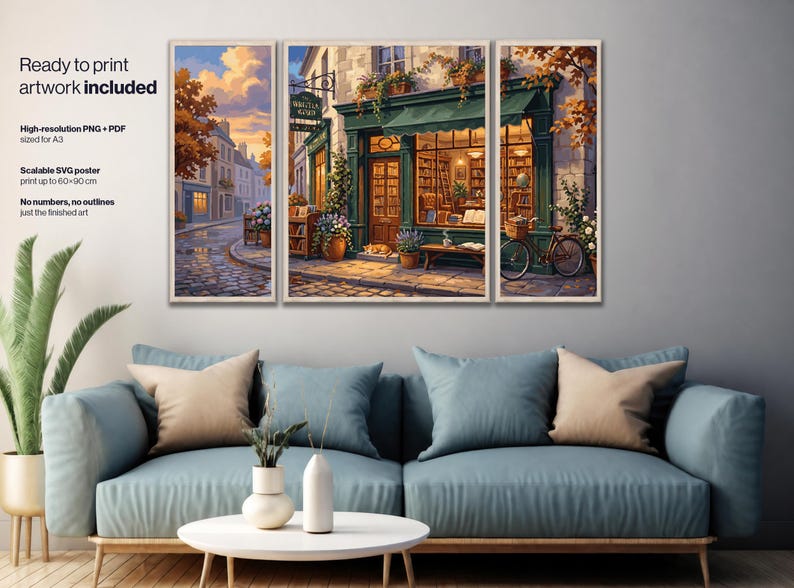 May include: A triptych wall art set depicting a European-style bookstore with a green storefront, a bicycle, and a cat. The text reads: Ready to print artwork included, High-resolution PNG + PDF sized for A3, Scalable SVG poster print up to 90 cm.