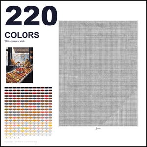 May include: A paint-by-numbers pattern featuring a bakery display with pastries, labeled 220 COLORS and 220 squares wide. The design includes a color reference chart with numbered swatches and a large grid area filled with small symbols for painting.