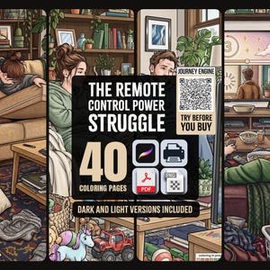 May include: A digital coloring book titled The Remote Control Power Struggle featuring 40 pages in PDF, PNG, and Procreate formats. The cover displays illustrations of people in a living room, a QR code, and icons for printing and digital use.